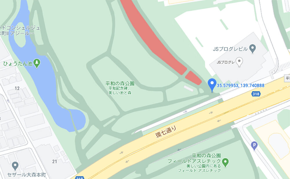 東京の人気写真撮影スポットで梅の名所でもある平和の森公園の周辺との位置関係がわかるGoogleマップのスクリーンショット